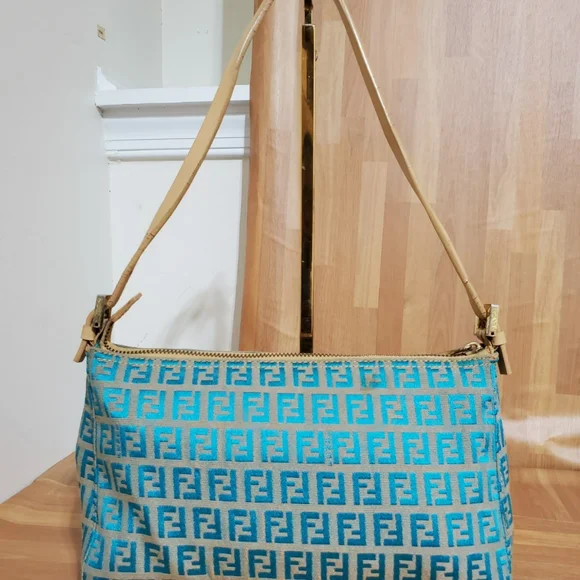 Fendi Blue/ Beige FF Zucchino Pochette Shoulder Bag - Picture 2 of 10